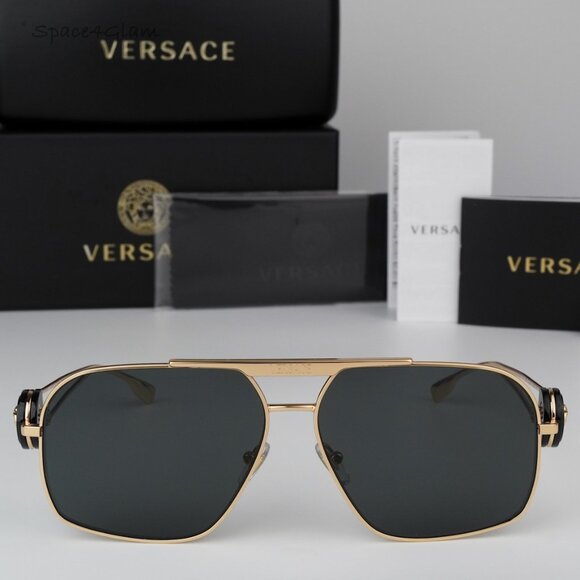 BRAND NEW Versace VE2269 100287 Gold Dark Grey Pilot Unisex Sunglasses VE 2269 - Picture 1 of 8